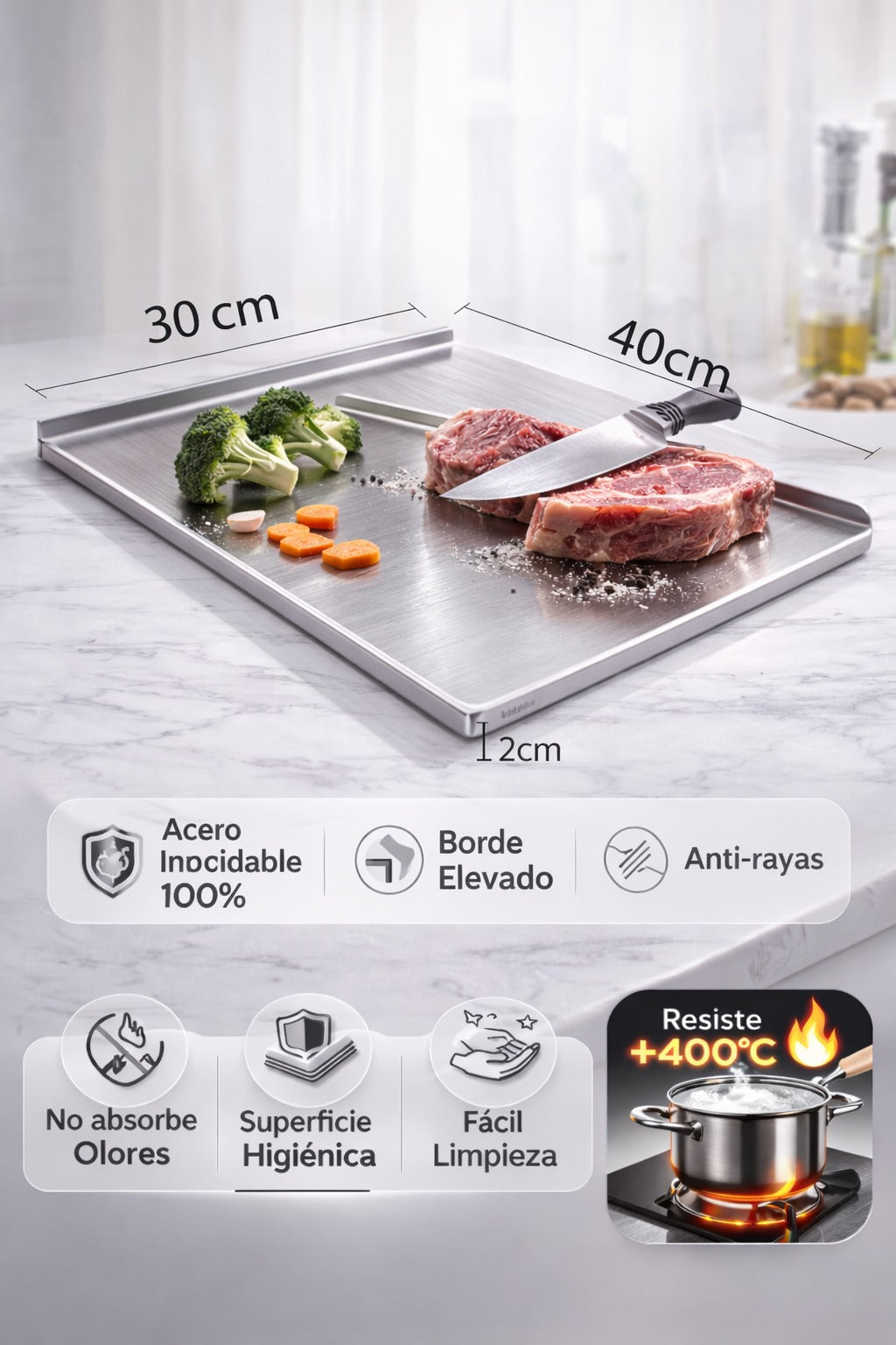 ⚡ TABLA DE ACERO INOXIDABLE CON BORDE PRO 30x40 CM ⚡