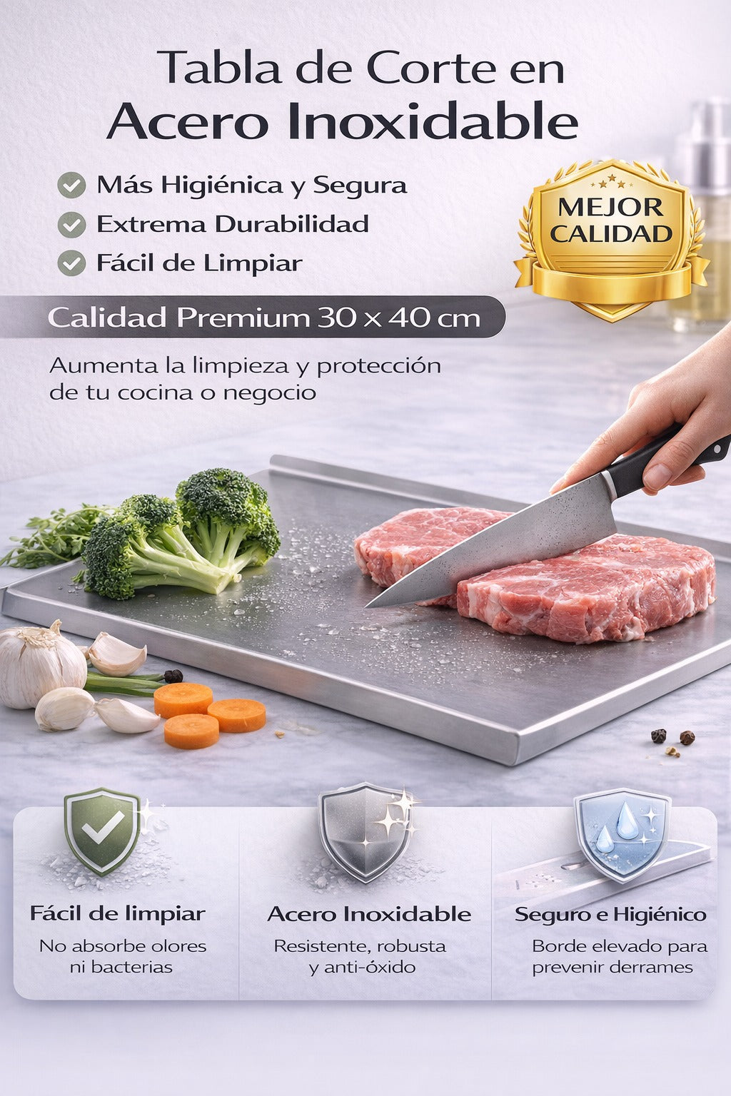 ⚡ TABLA DE ACERO INOXIDABLE CON BORDE PRO 30x40 CM ⚡